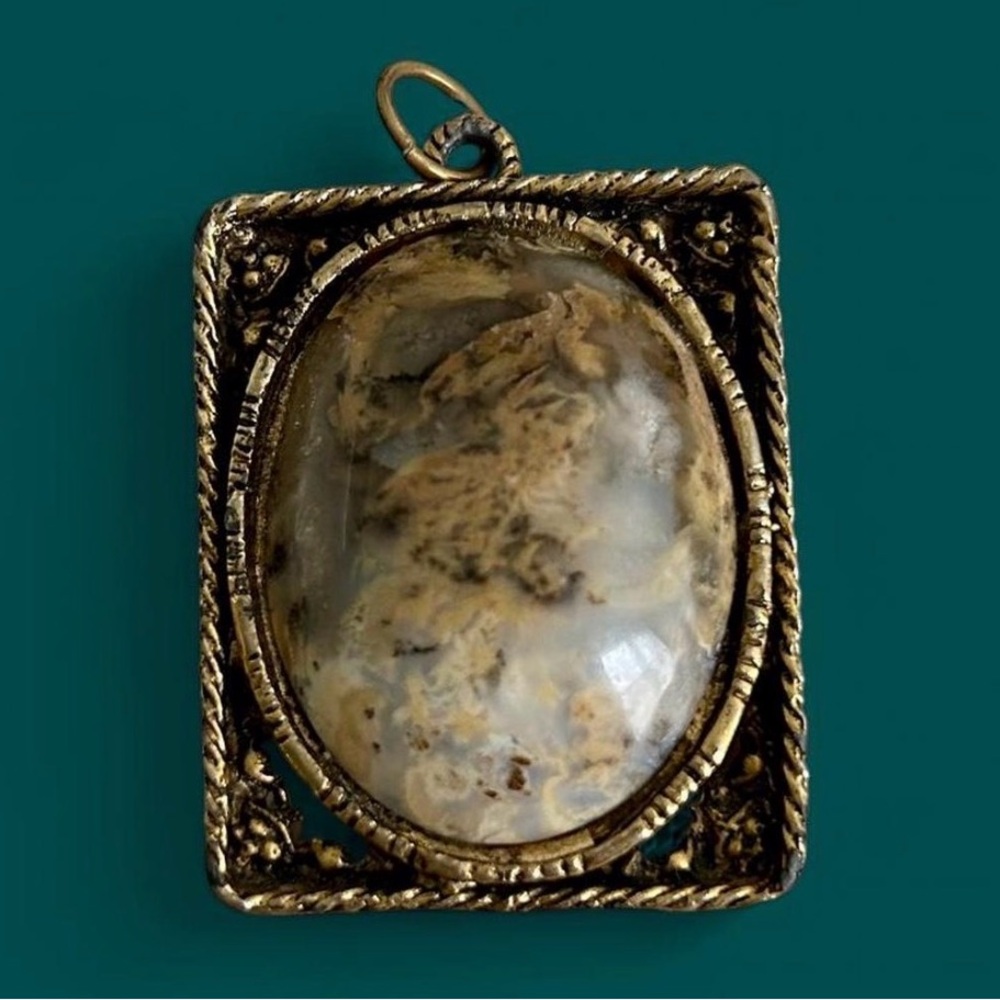 Vtg Oversized Agate Mirror Statement Pendant